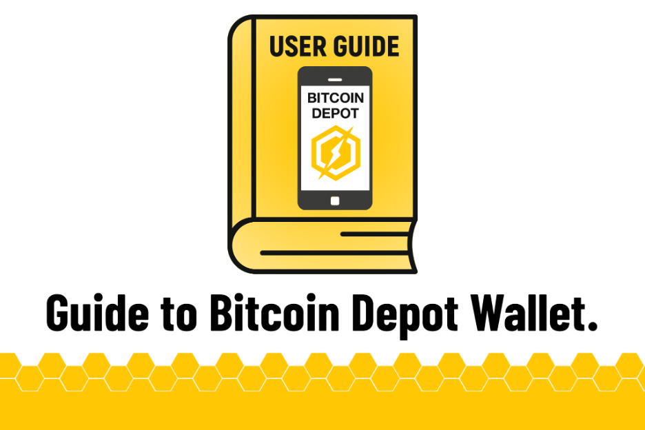 An illustration of a yellow user guide book icon with a mobile phone displaying the Bitcoin Depot logo on its cover. Below the book is text reading "Guide to Bitcoin Depot Wallet." The bottom of the image has a yellow wavy or zigzag border design.