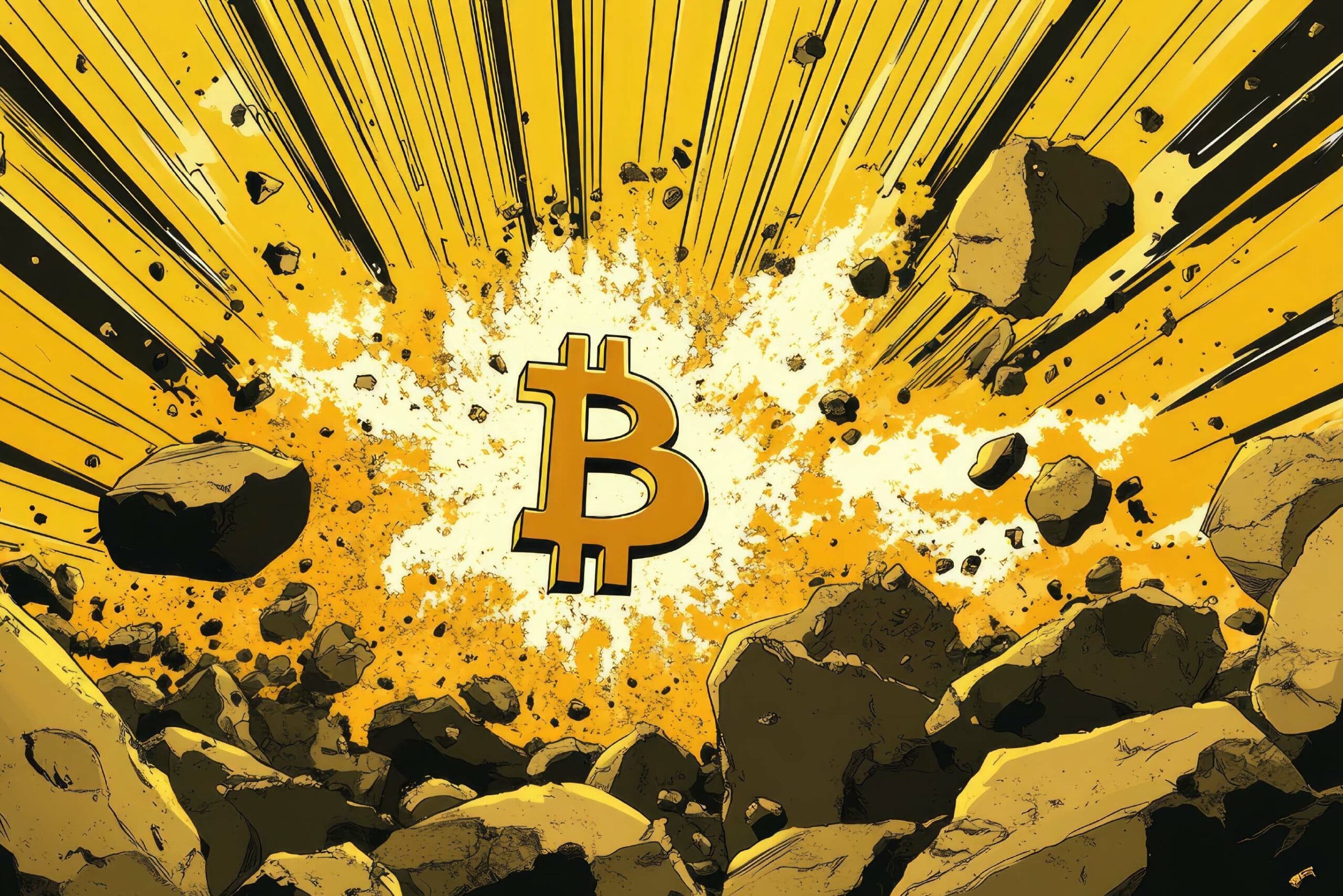 A dramatic illustration of the Bitcoin logo centered in a bright yellow explosion or burst effect, surrounded by dark rocks and debris flying outward in a comic book style.