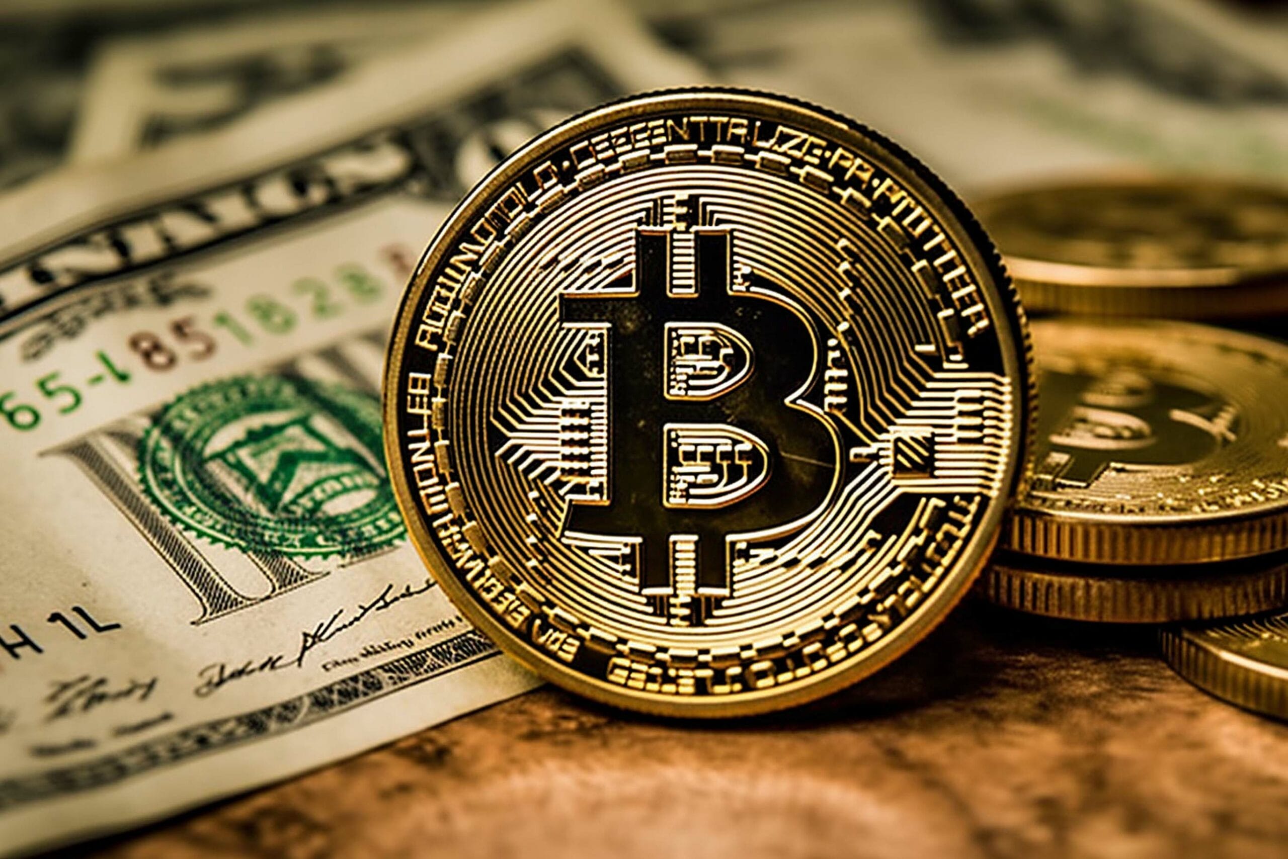 A close-up photograph of a physical Bitcoin coin, shown in gold color with the distinctive 'B' symbol and circuit-like pattern, placed on top of US dollar bills.
