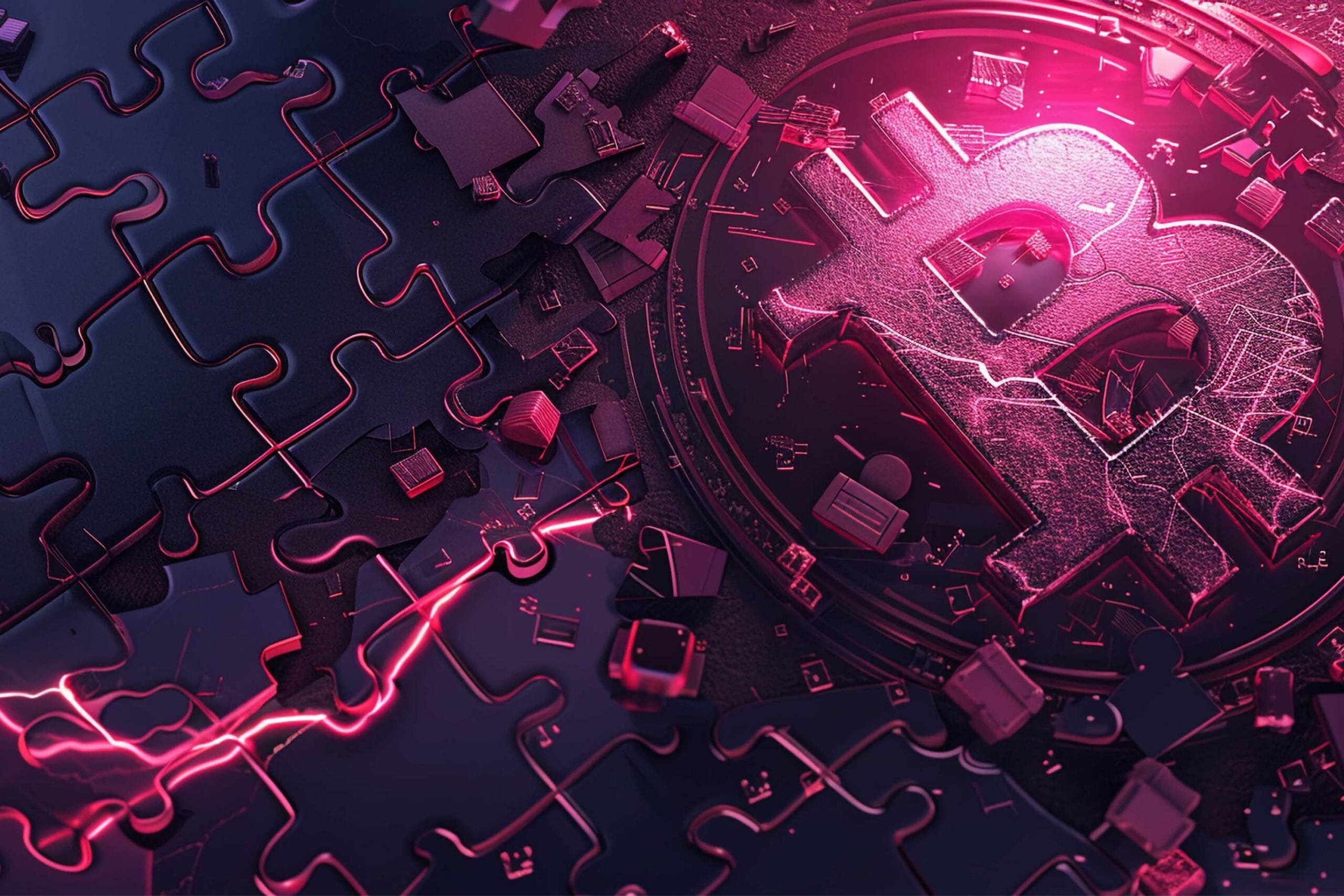 A futuristic 3D render featuring a glowing pink Bitcoin symbol emerging from a circular structure.