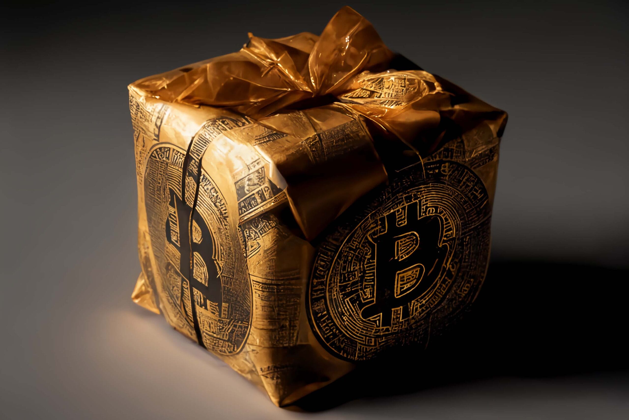 A wrapped gift box covered in gold wrapping paper featuring Bitcoin logos and symbols.