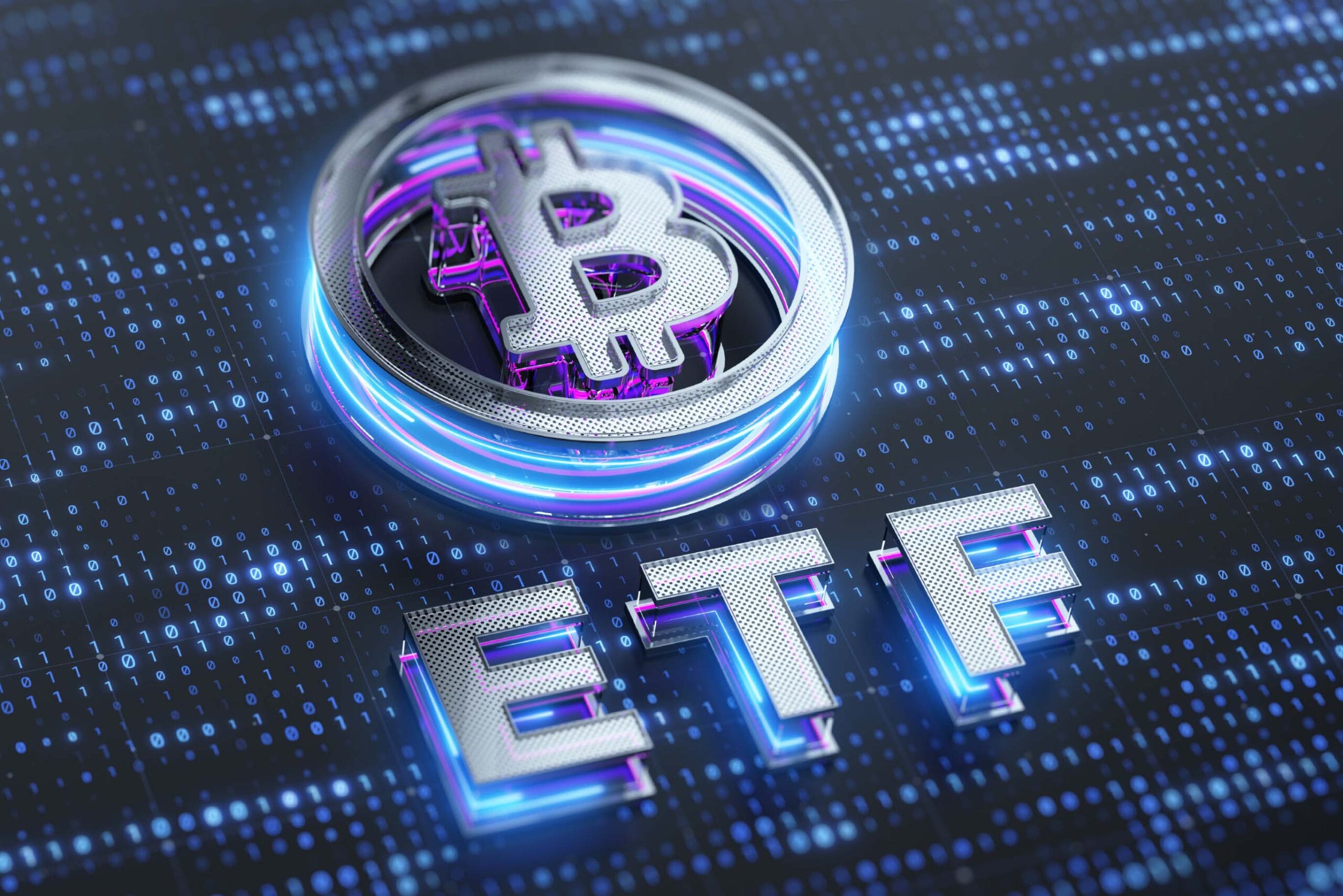 A 3D rendered image showing a silver Bitcoin logo with purple and blue neon glowing effects, floating above the text 'ETF' in metallic letters.