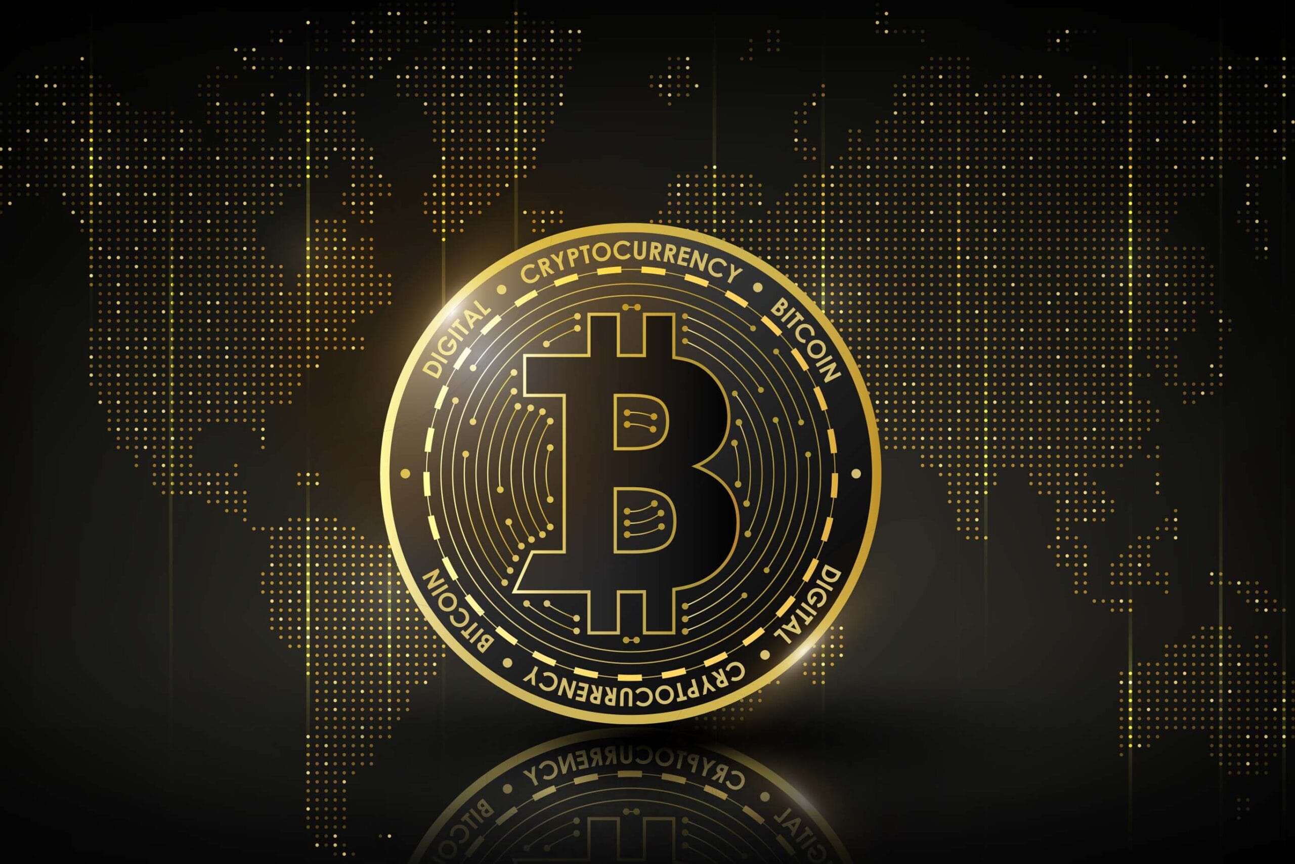 A digital illustration of a golden Bitcoin coin with a detailed circuit board pattern and the Bitcoin "₿" symbol in the center, shown against a dark background featuring a dotted world map. The coin appears to be floating with a reflection beneath it. The text "CRYPTOCURRENCY BITCOIN" and "DIGITAL" appears around the coin's edge in a circular pattern.