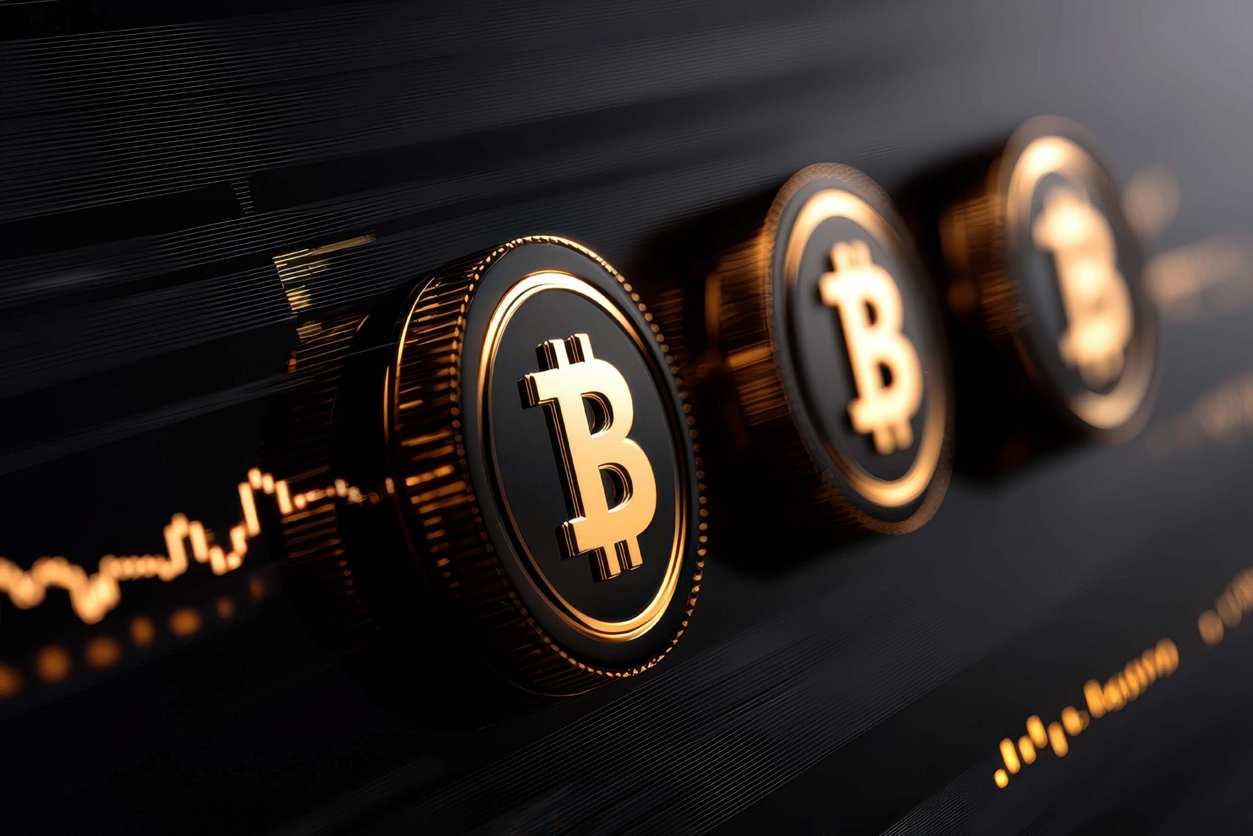 A 3D rendering of Bitcoin coins shown as black and gold medallions arranged in a row, with a glowing price chart or graph line visible in the background. The coins feature the Bitcoin "₿" symbol and have a metallic, ridged edge. The image has a dramatic lighting effect with golden highlights against a dark background.