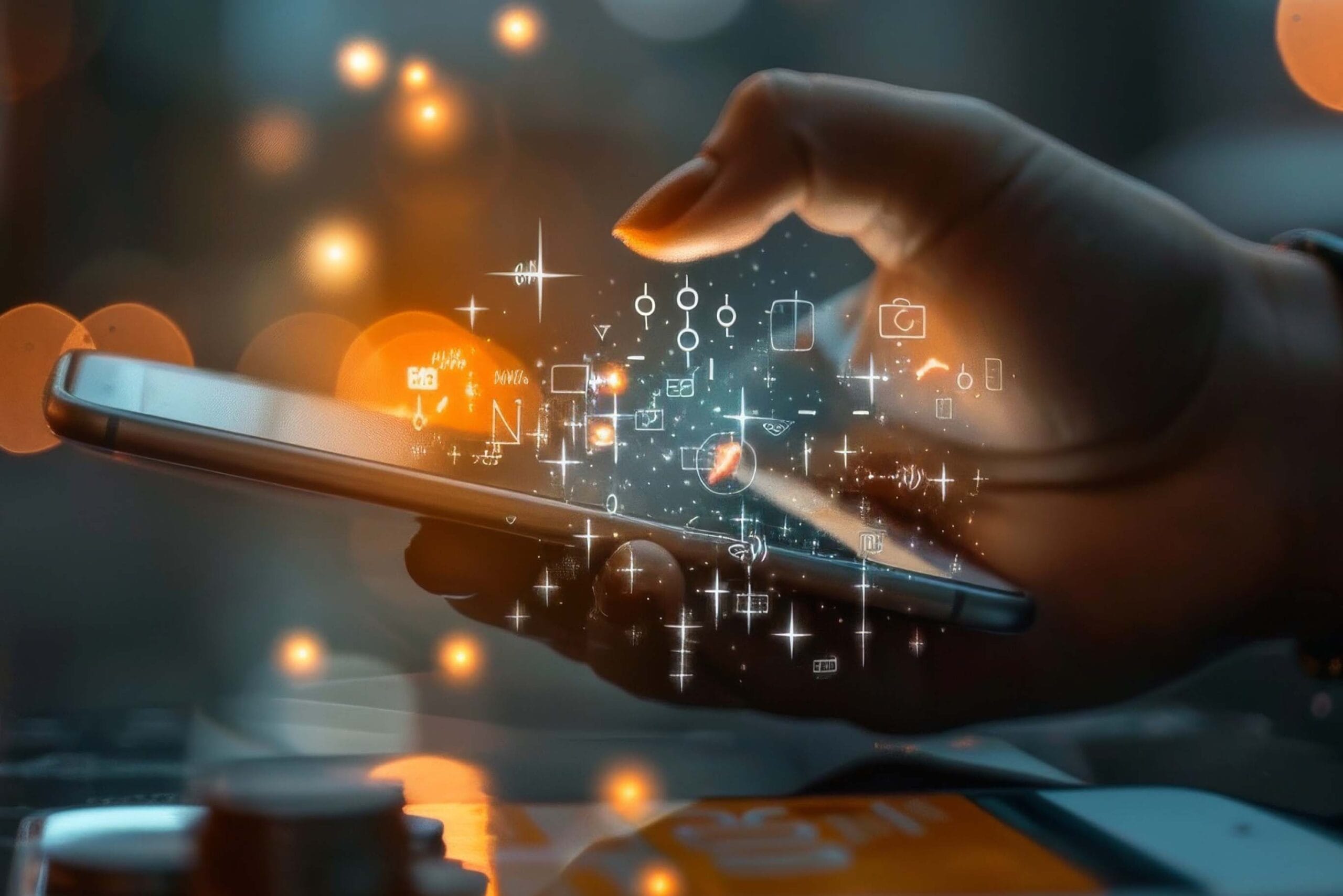 A hand holding a smartphone in a dimly lit environment with glowing orange lights in the background. Digital icons, symbols, and sparkles appear to float above the phone screen, creating a magical or technological effect.