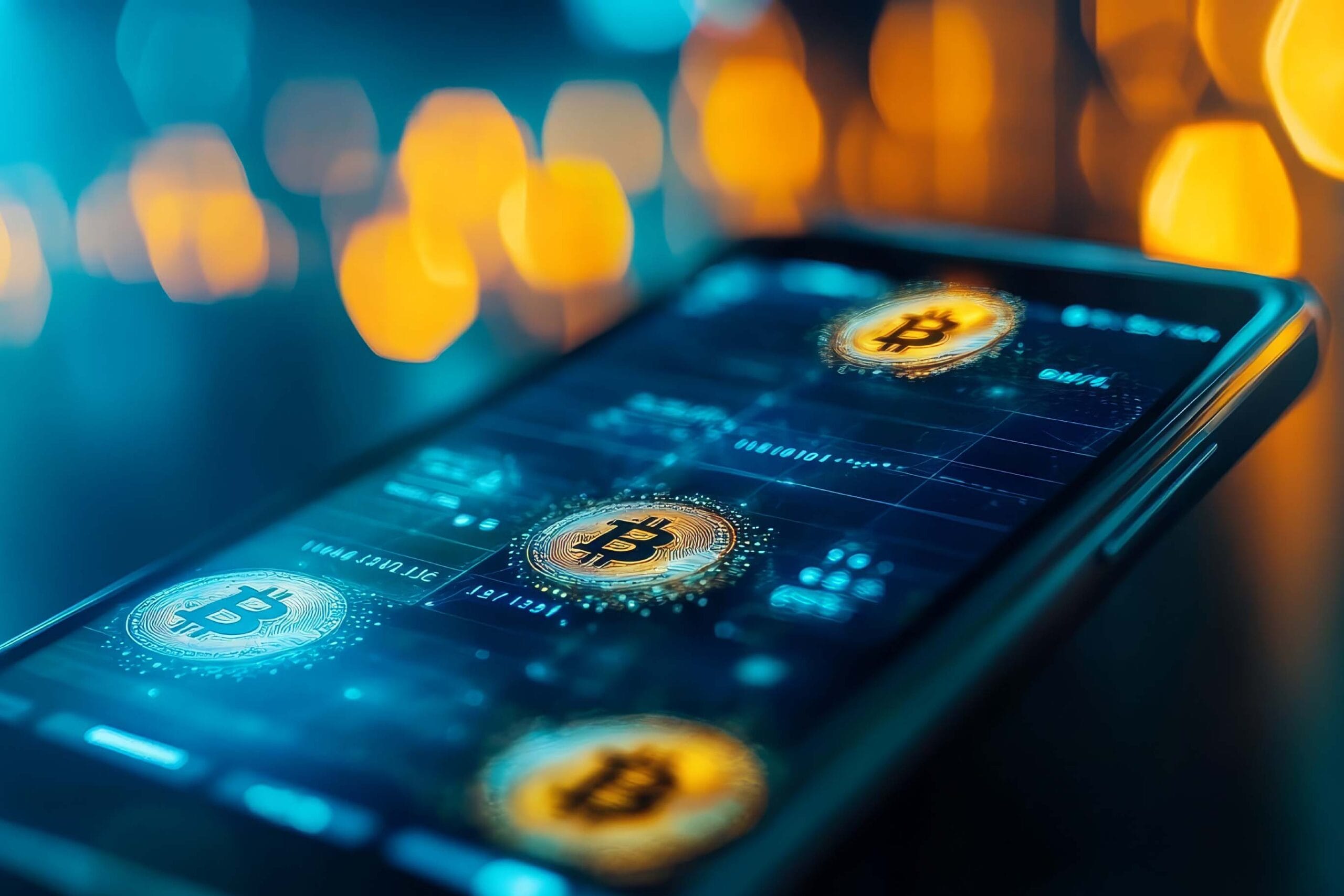 A smartphone screen displaying glowing Bitcoin symbols over a digital financial interface, with a blurred background of warm-toned lights. The image represents cryptocurrency trading, digital finance, and Bitcoin transactions.