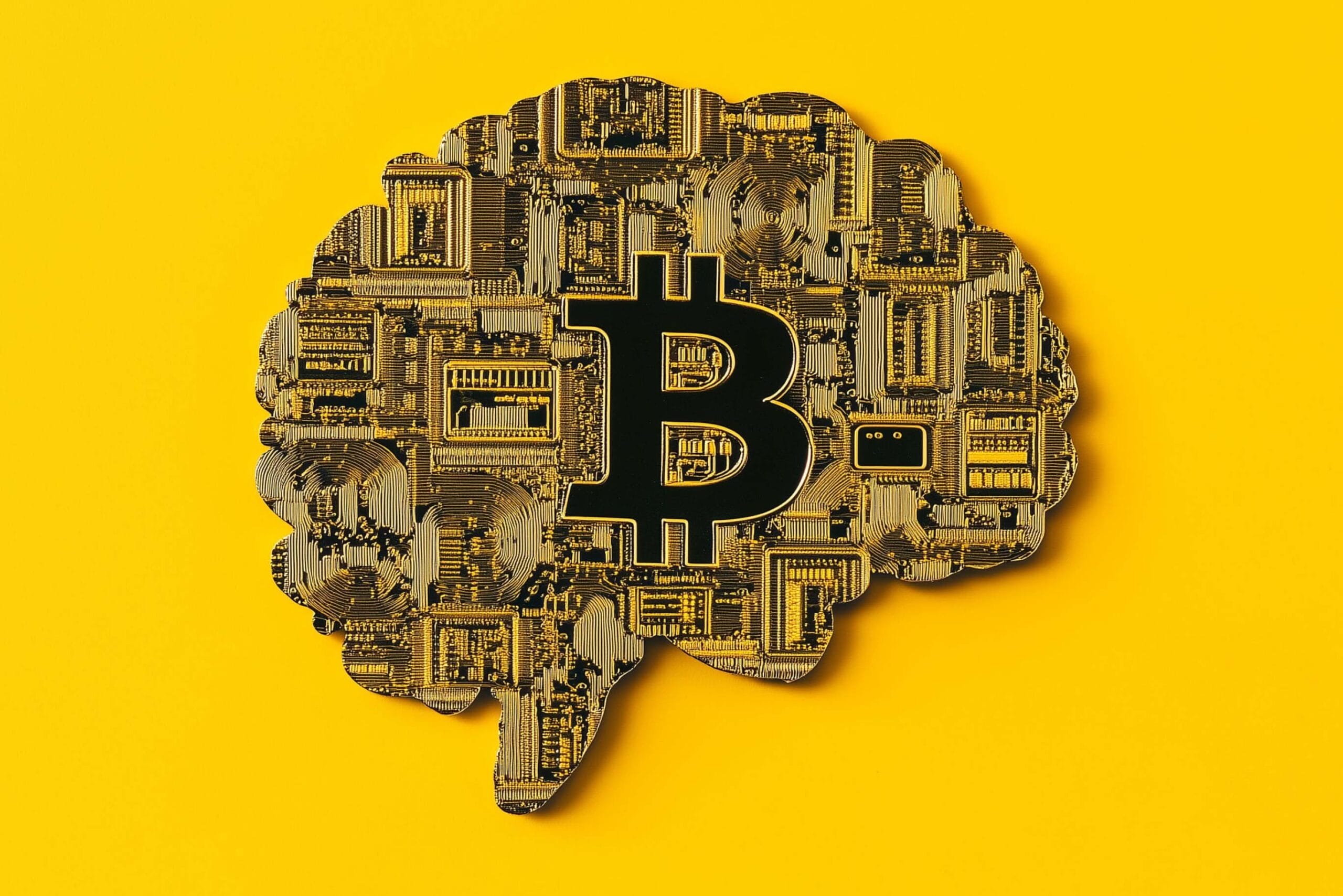 A stylized brain made of intricate gold circuit board patterns with a bold black Bitcoin symbol at its center. The brain is set against a vibrant yellow background, symbolizing the fusion of cryptocurrency and intelligence or digital finance.
