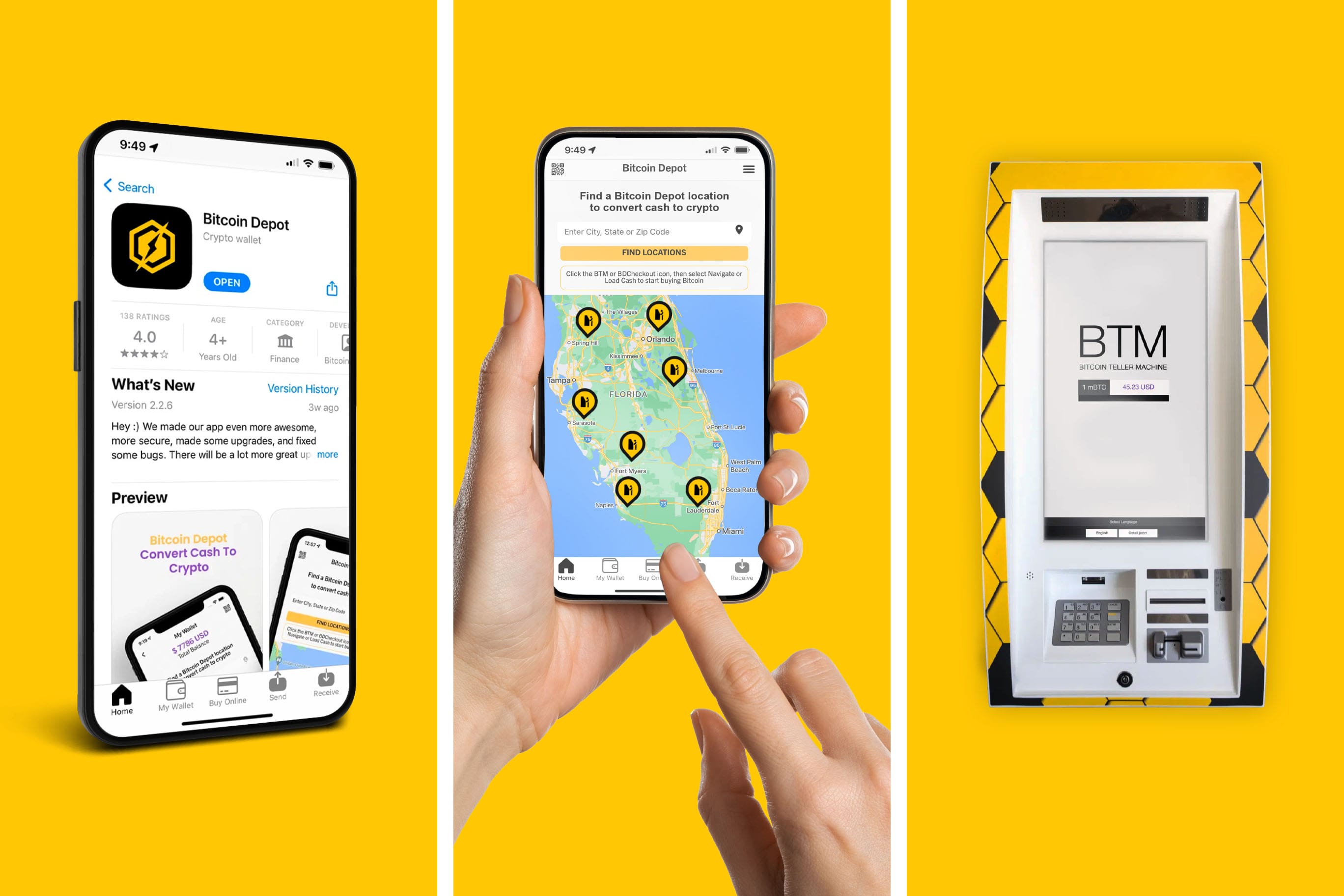 Screenshot of the Bitcoin Depot mobile app interface showing location search, app store details, and a Bitcoin ATM.