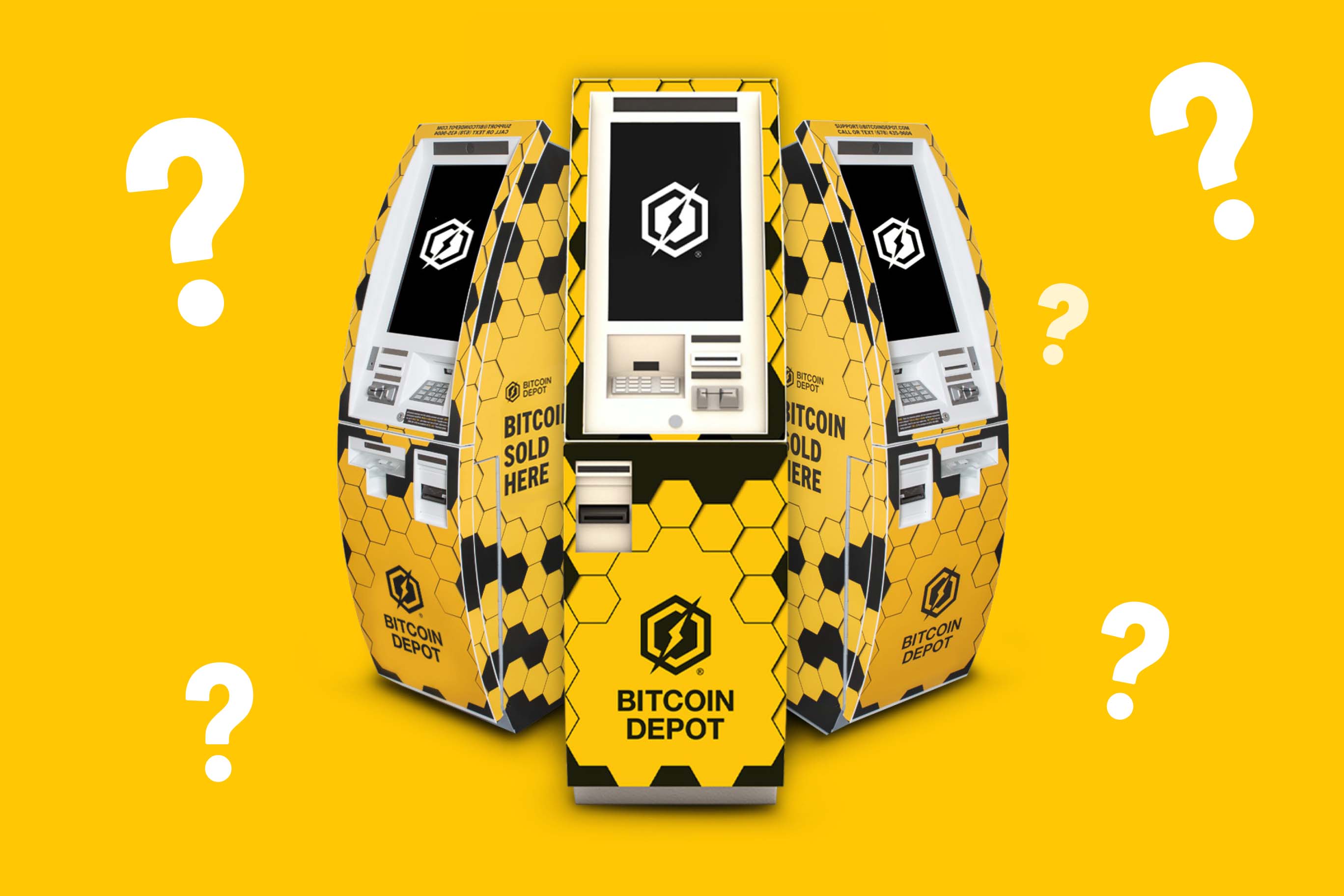 Three yellow and black Bitcoin Depot ATMs arranged side-by-side against a bright yellow background, surrounded by floating white question marks.