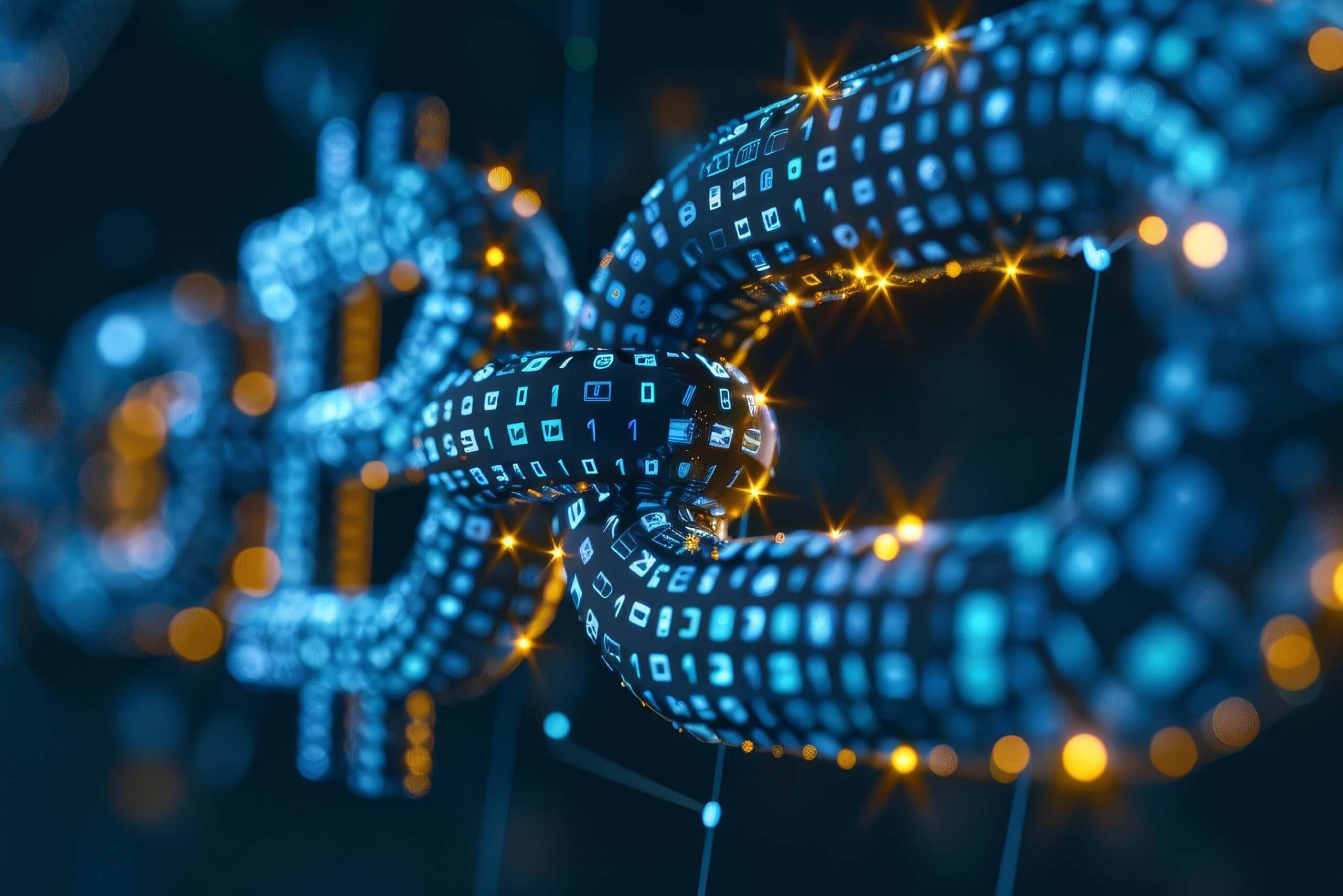 Close-up, abstract 3D rendering of a segmented chain link, representing blockchain technology. The link is dark with a blue digital pattern of 1s and 0s, and glowing orange lights mark the connection points.